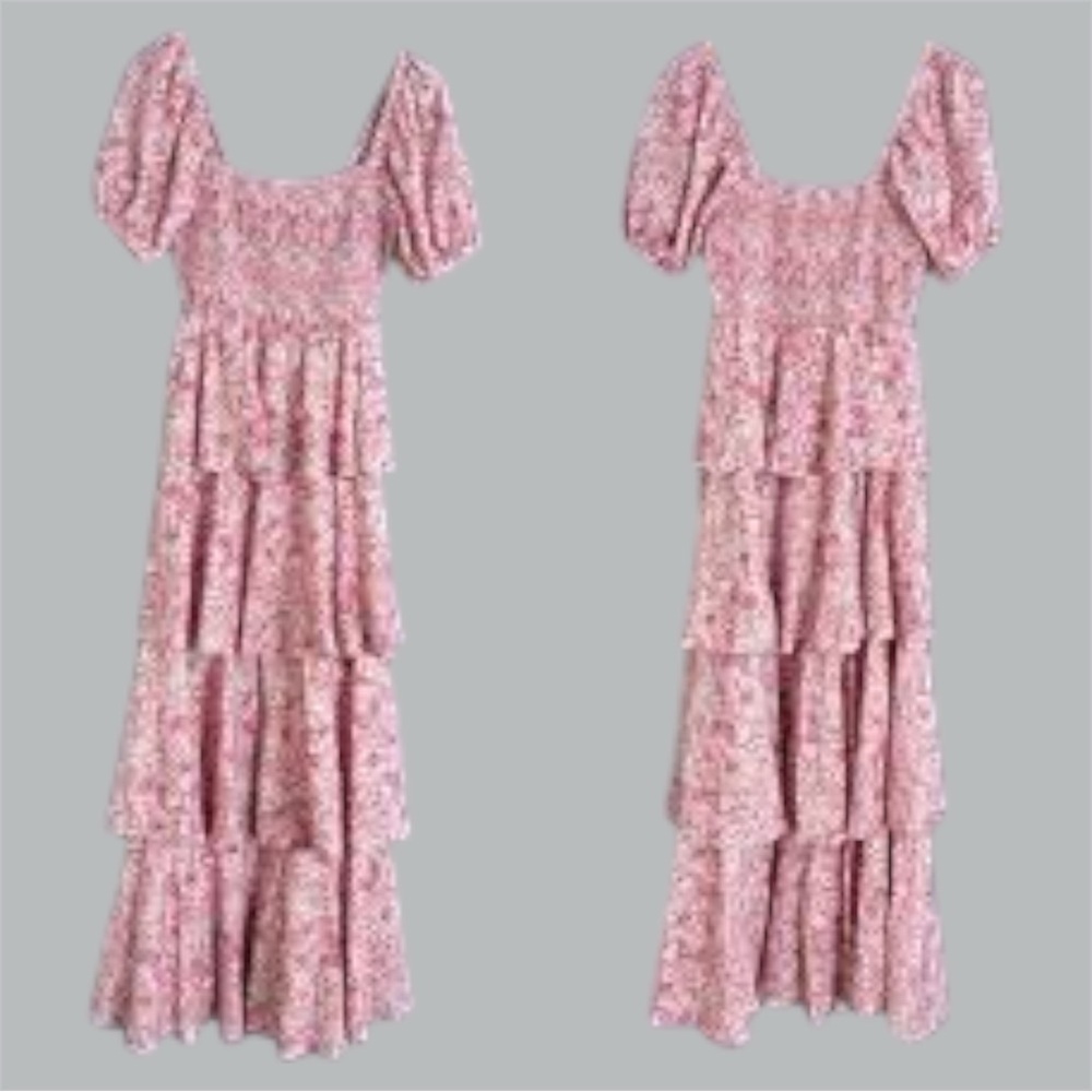 Entro Julia Pink Floral Tiered Maxi Dress Milkmaid Smocked Babydoll Size Large - Picture 4 of 4